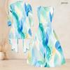 Women Plus Size Two Piece Set Printed Dark Blue Three Quarter Sleeve Open Cardigan Sleeveless Tie Waist Flared Dress