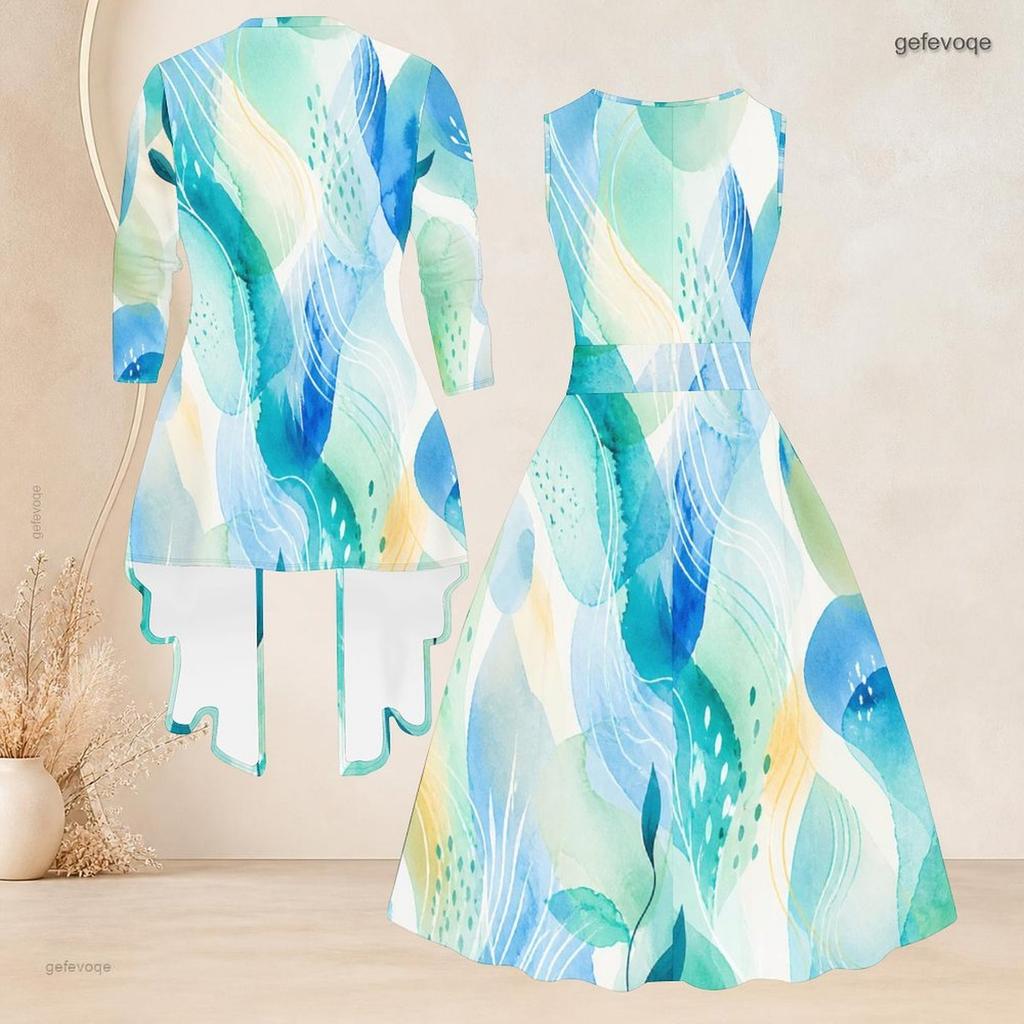 Women Plus Size Two Piece Set Printed Dark Blue Three Quarter Sleeve Open Cardigan Sleeveless Tie Waist Flared Dress