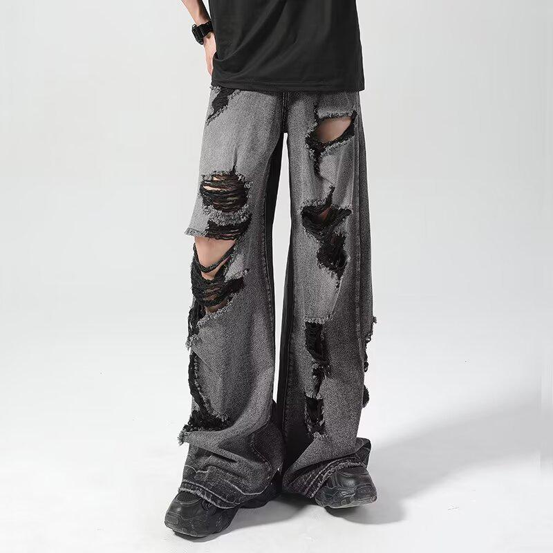 Men's Vintage Washed Black Wide-Leg Ripped Jeans