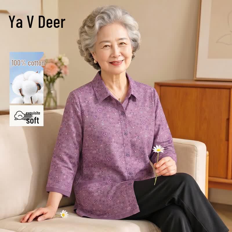 Yalu Women s Summer Pure Cotton Shirt for Middle-Aged & Elderly XL