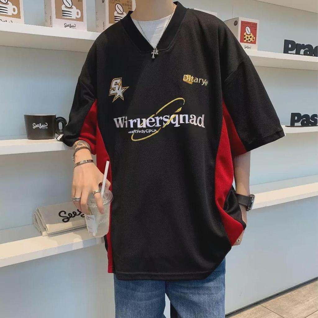 Boys' New Summer V-Neck Embroidered T-Shirt with Five-Point Sleeves – Fashionable and Simple Design