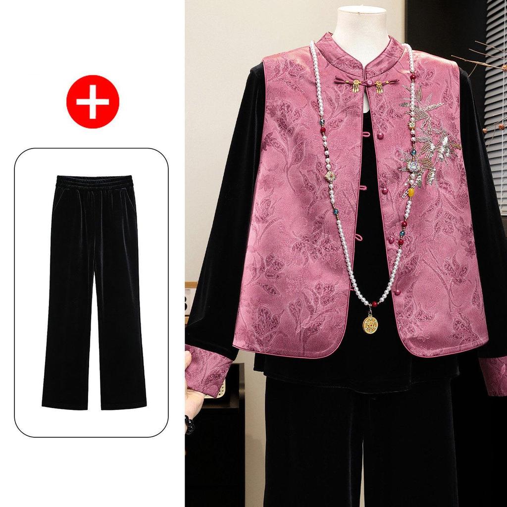 Mom's Spring Golden Velvet Suit: Middle-Aged & Elderly Women's Tang Vest & Top - New Spring/Autumn Style