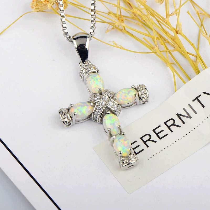 Opal Cross Pendant Necklace Women Copper Chain With White Blue Rose Gold Gemstone 45cm5cm Adjustable Geometric Design