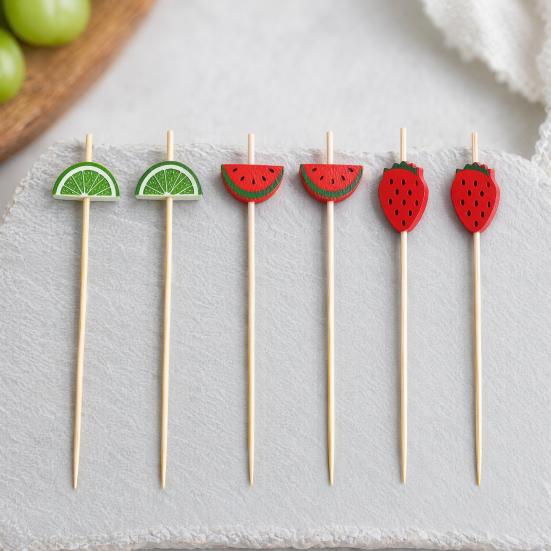 100PCS Disposable Fruit Tags, with Cartoon Fruit Decor Cocktail Picks, Durable Bamboo Skewers, for Fruits Barbecue Cocktails Cakes