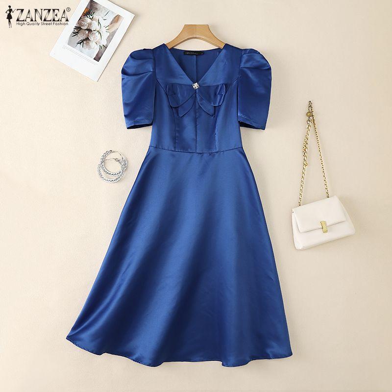 ZANZEA Women Casual Bows Splice V-Neck Summer Short Sleeve Dress