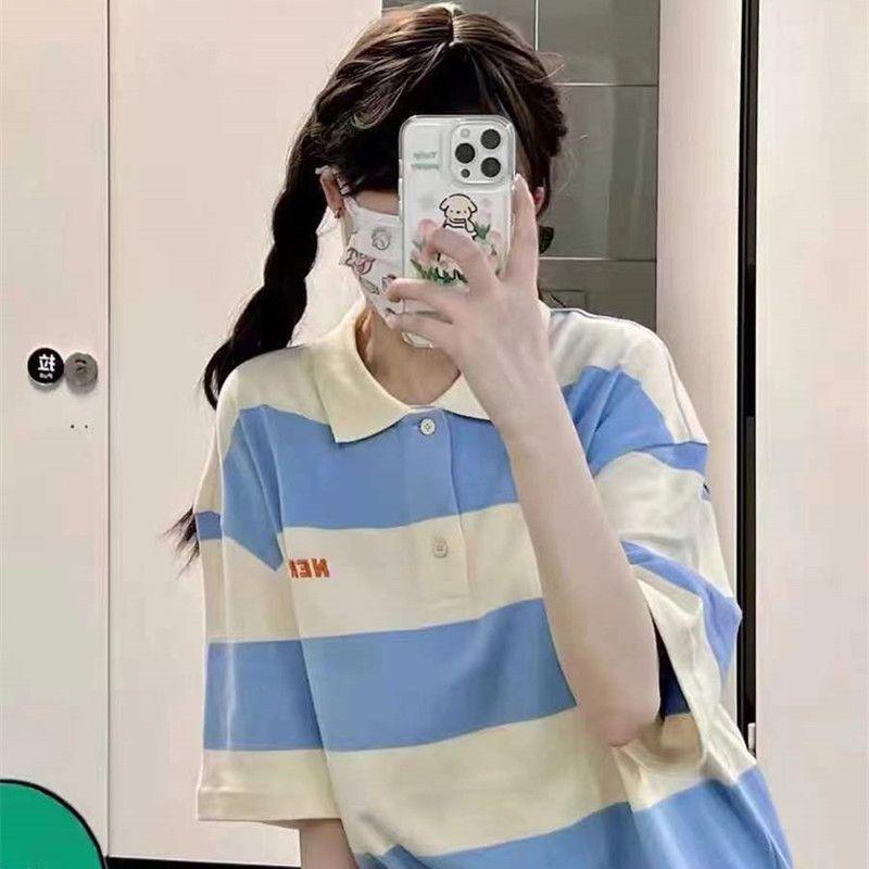 

Рубашки-поло в полоску из чистого хлопка Y2K, летние милые милые женские футболки в японском стиле, свободные топы с короткими рукавами для девочек, винтажные футболки XXL синий