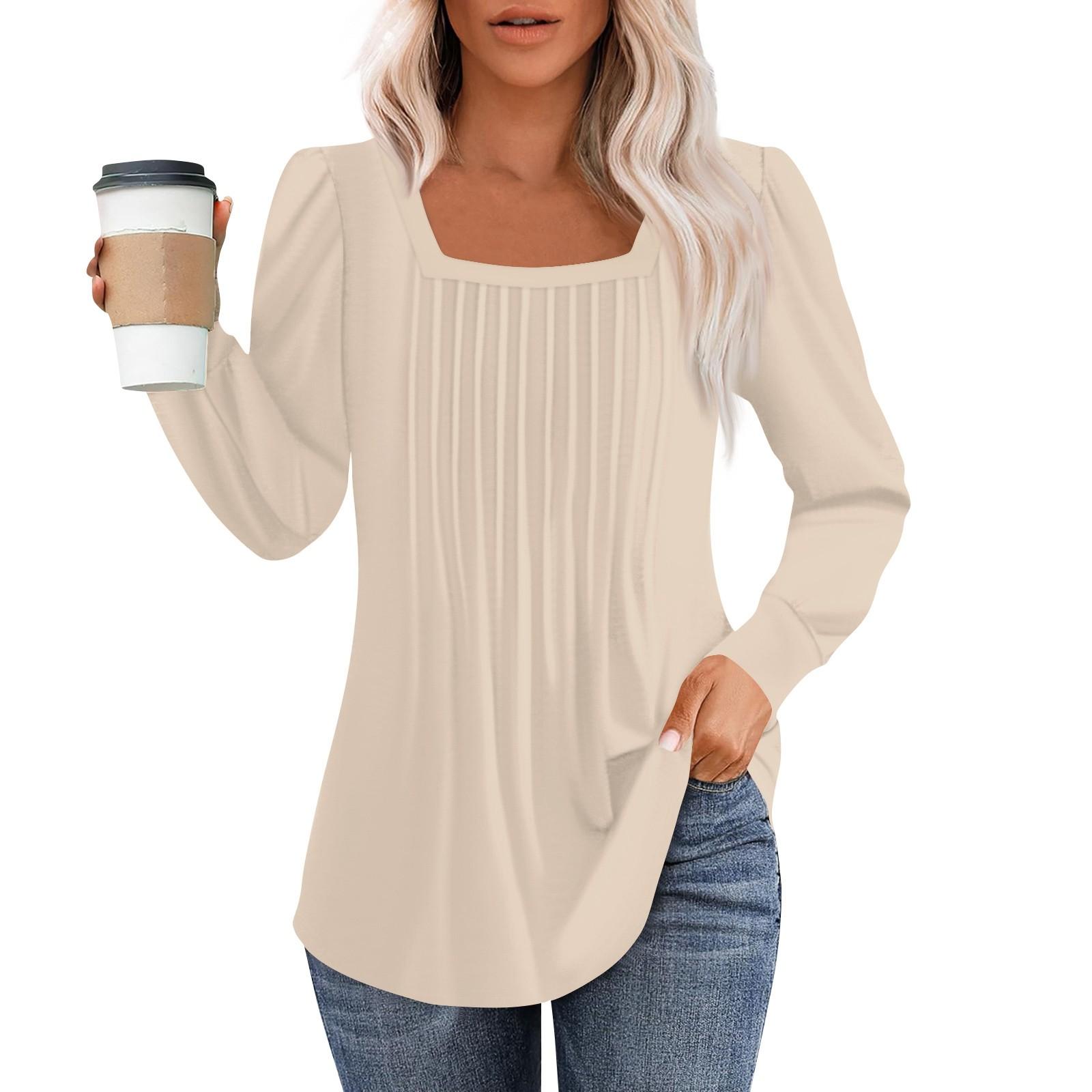 

Рубашки с длинным рукавом для женщин, топы, нарядные повседневные блузки, плиссированные туники с квадратным вырезом L бежевый