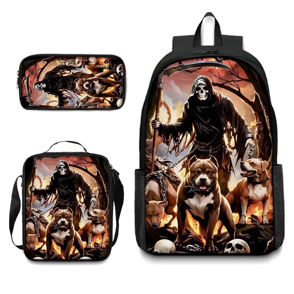 Skull Student Backpack Set Fashion Double Shoulder Bag Crossbody Bag Pencil Case Trendy Accessories Multifunctional School Bag