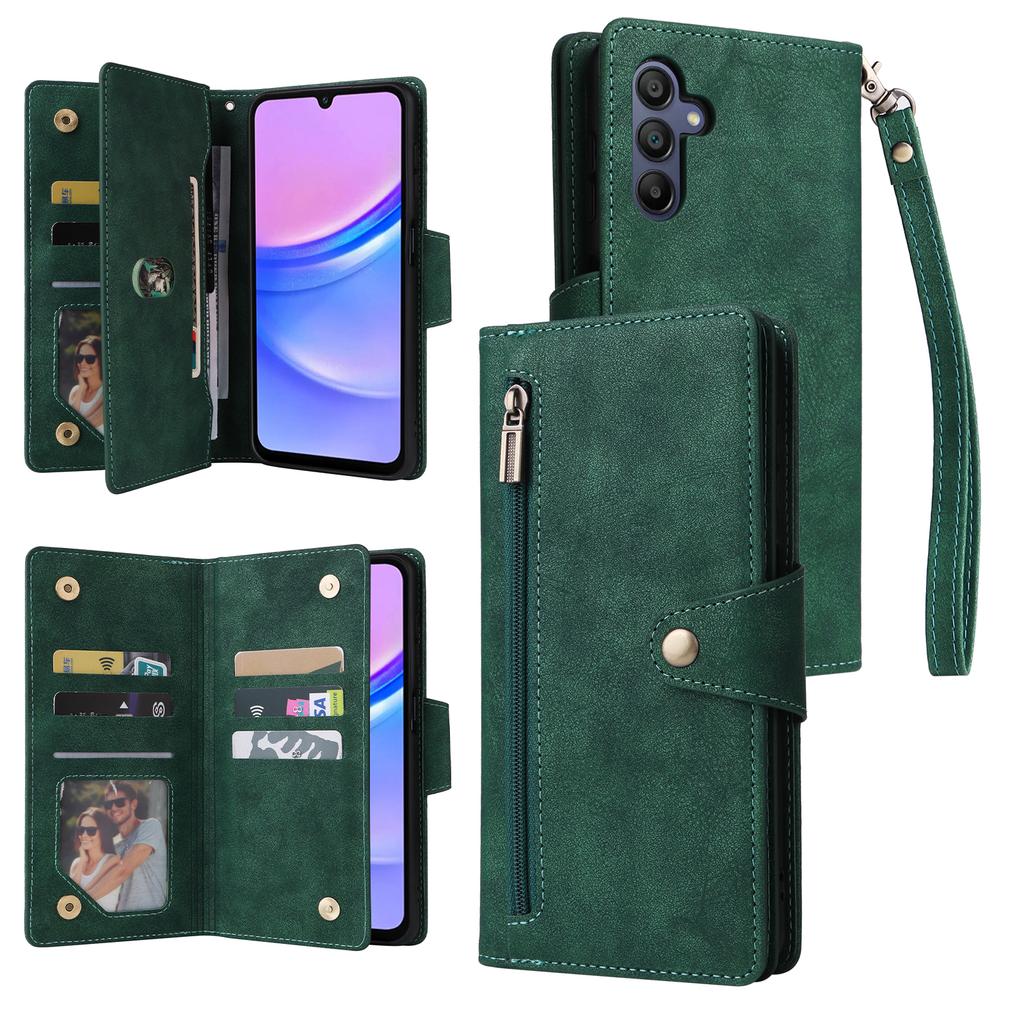 For Samsung Galaxy A17 5G/A17 4G/A26 5G Case Zipper Wallet Rivet Decor Leather Phone Cover with Wrist Strap