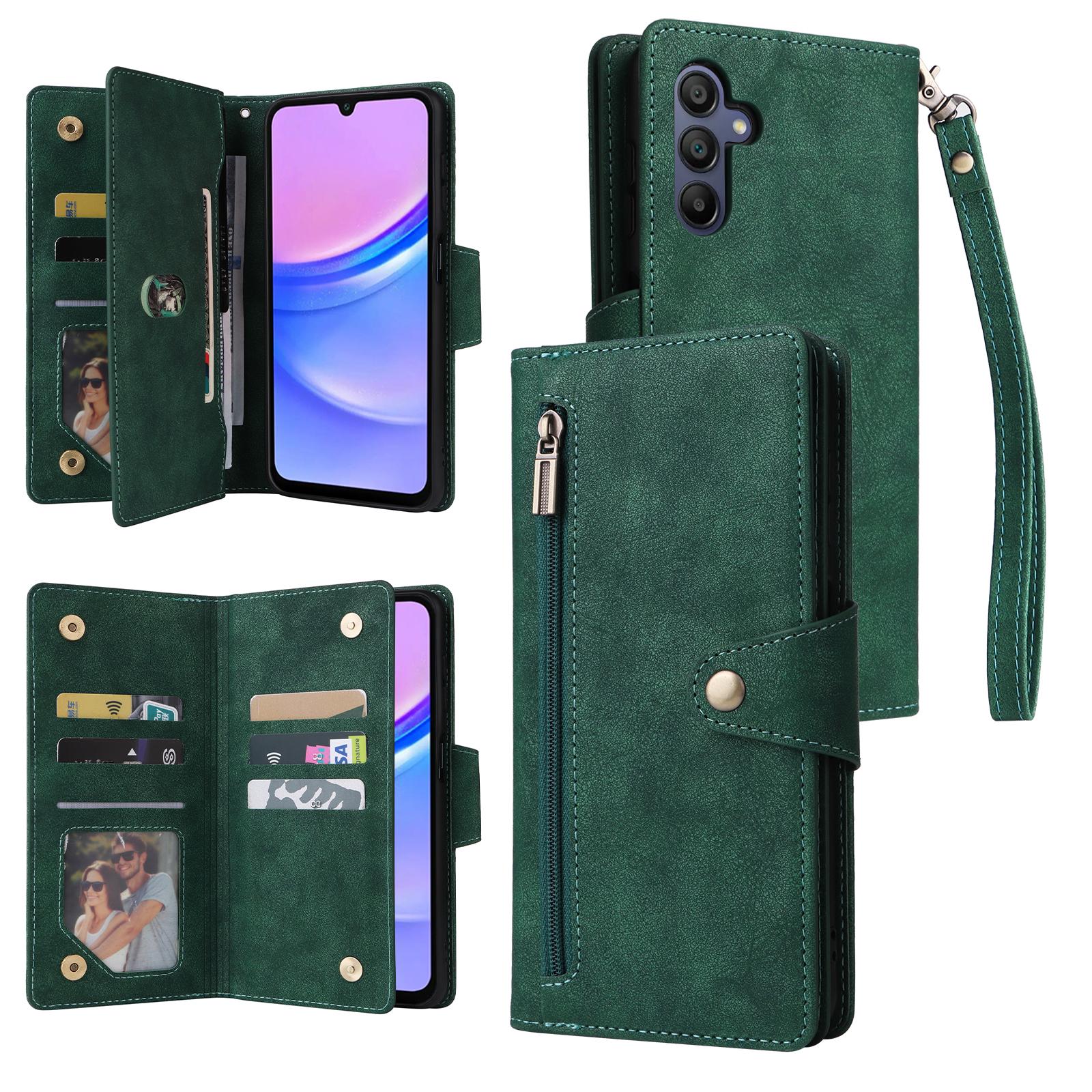 

For Samsung Galaxy A16 5G/A16 4G Case Zipper Wallet Leather Stand Phone Cover Rivet Decor Green