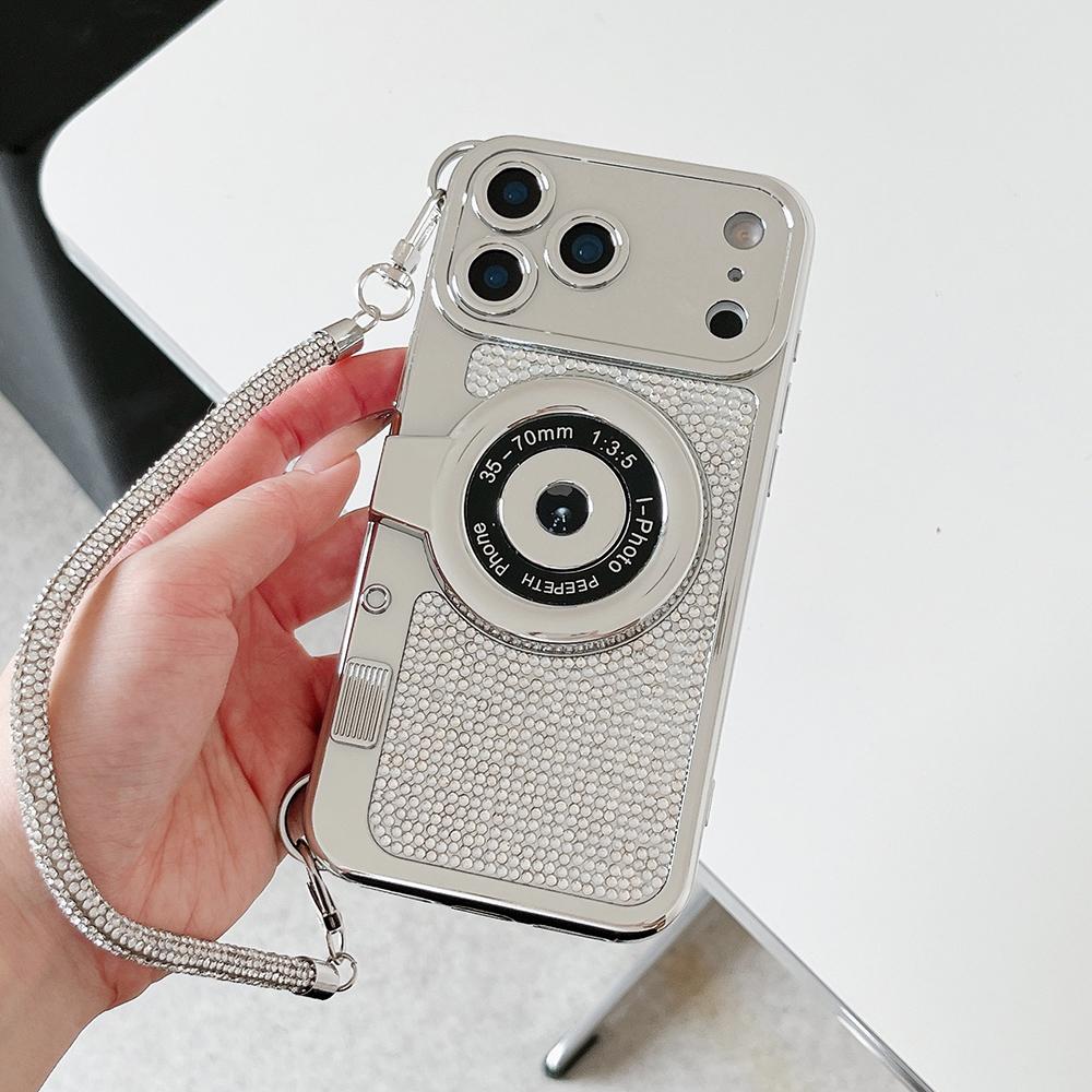 Diamond Camera Pattern Short Hand Rope Phone Case For iPhone 17 16 15 14 13 12 11 Pro Max Soft Shockproof Silicone Cover Girls