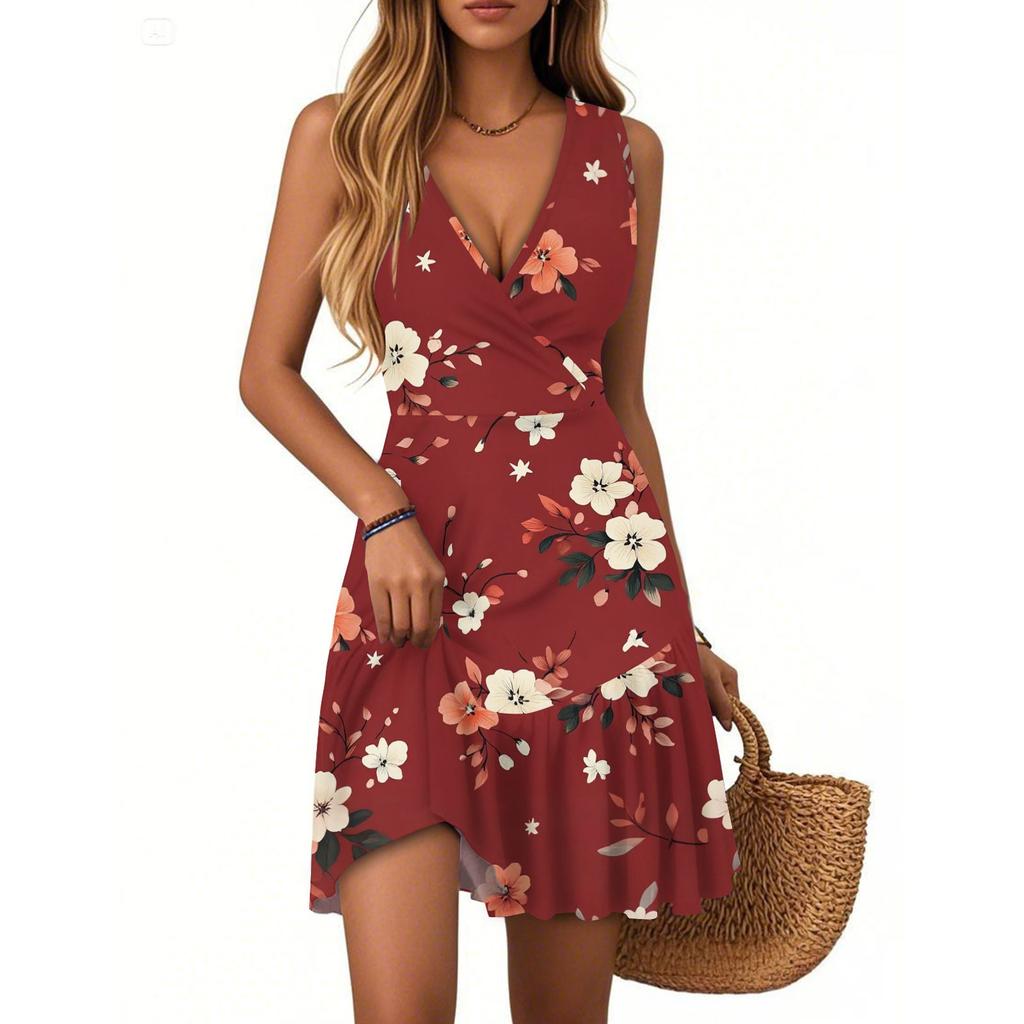 Women's Dress V-neck Sleeveless Casual Floral Print Hem Pleated Dress