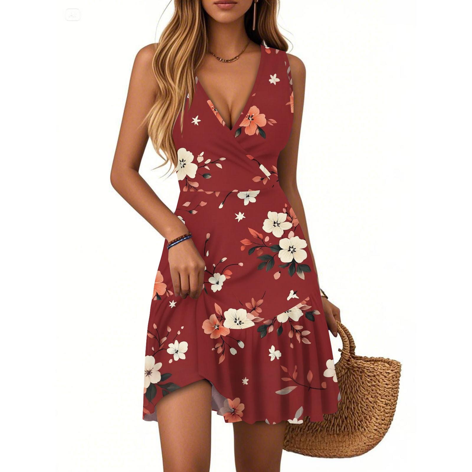 

Women s Dress V-neck Sleeveless Casual Floral Print Hem Pleated Dress XL винний