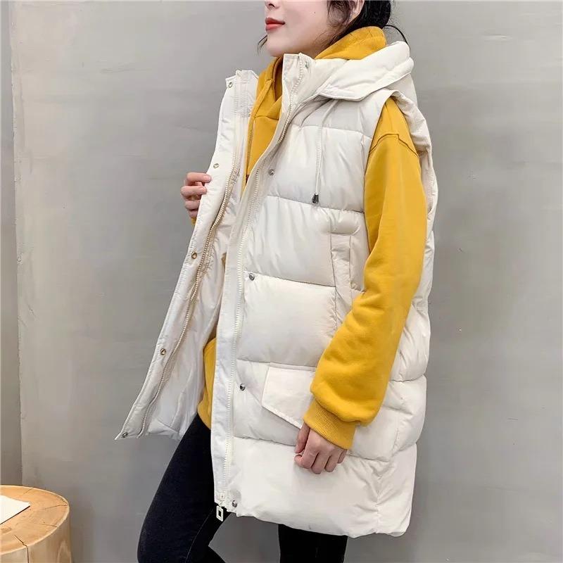 Hooded Down Cotton-padded Vest Women's Medium and Long Loose Large Size Autumn and Winter New Thickened Vest Jacket