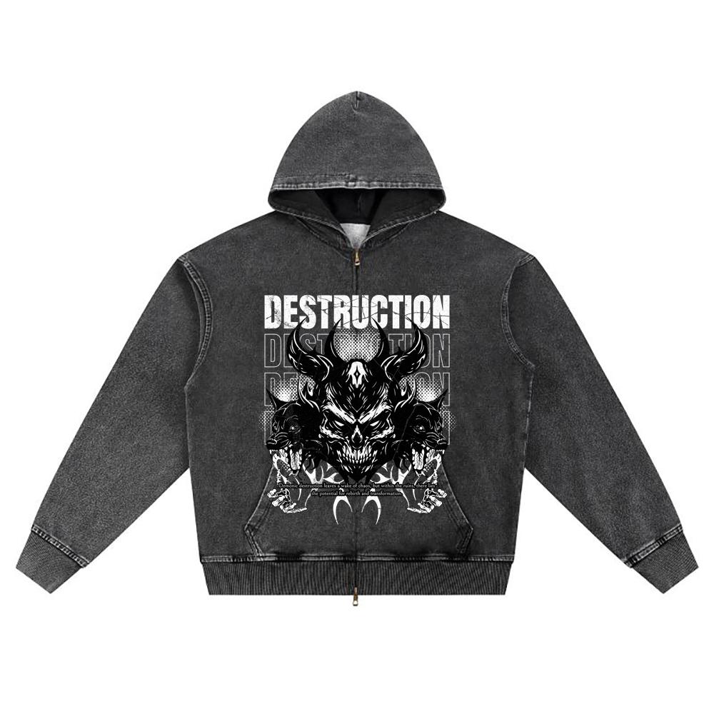 DTG Print Knitted Denim Zip-Up Hoodie Destruction Brother Print Zipper Hoodies  