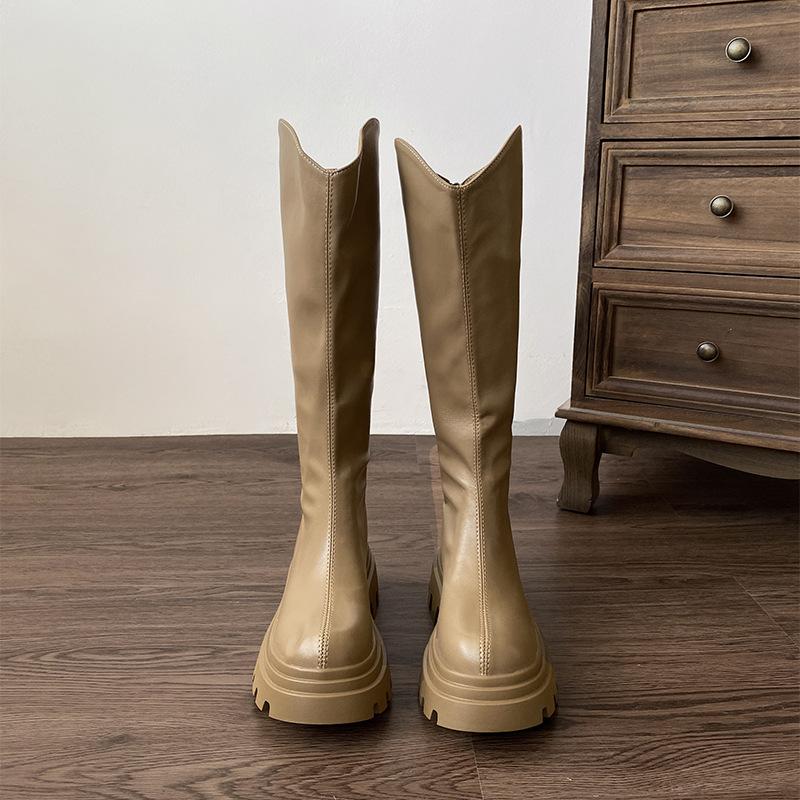 

Простые черные ботинки на толстой подошве с V-образным вырезом, тонкие, толстые, женские, новые осенние ботинки 2025 года, высокие, рыцарские сапоги 39 хаки