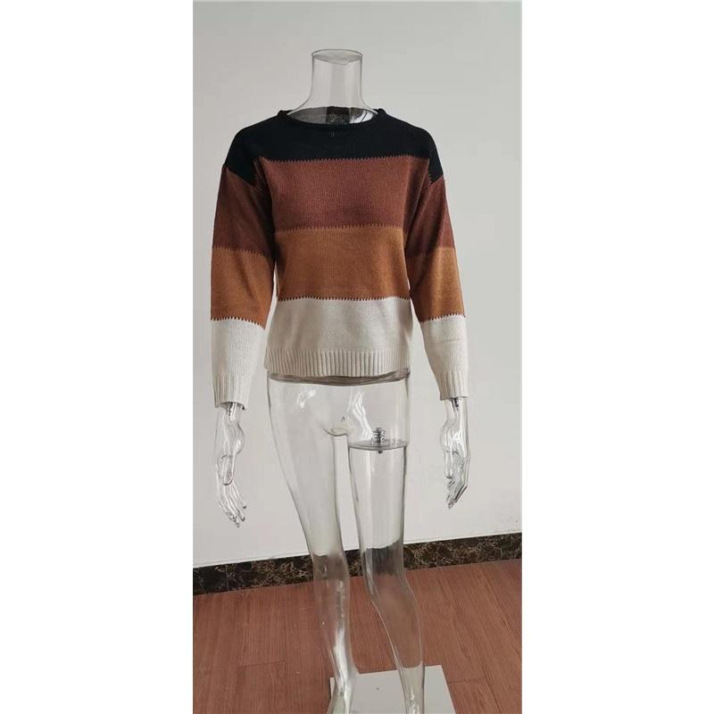 Women's Autumn And Winter Long Sleeved Striped Fur Round Neck Knitted Pullover Top Sweater