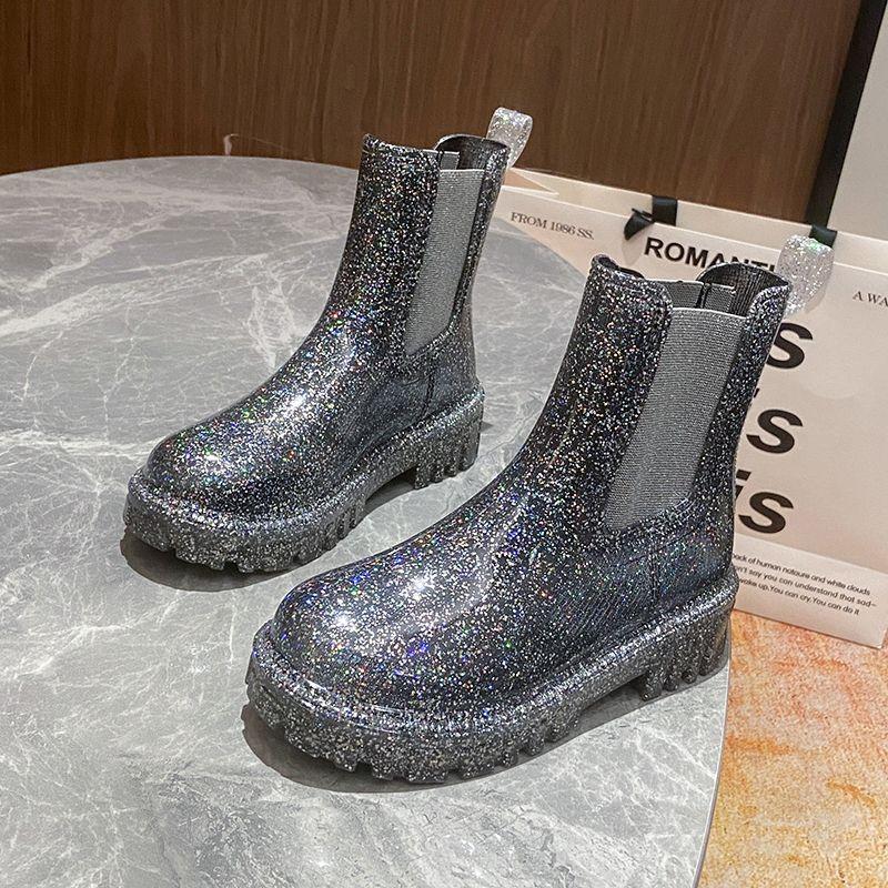 New Women's Ankle Boots Shiny Color Fashion Rain Boots Four Seasons Wearable Water  Mid-tube Shoes Ladies Outdoor Waterproof