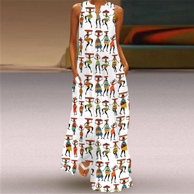 2024 Summer Women V Neck Printed Long Sleeveless Dress