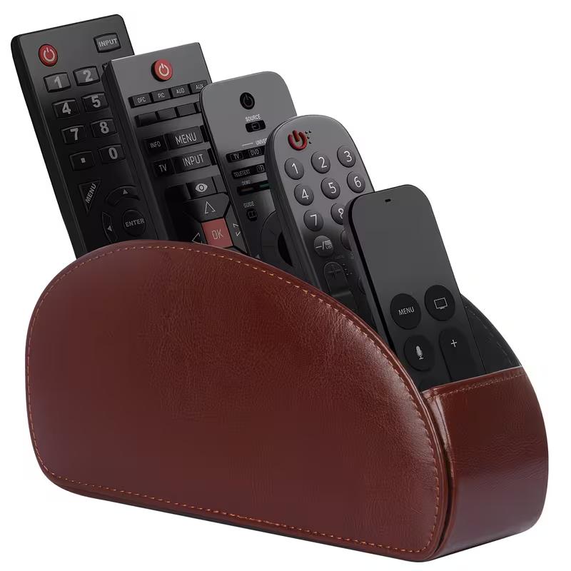 Remote Control Holder with 5 Compartments Faux Leather Desk Organizer TV Remote Storage Caddy Tabletop Holder for Living Room Office Home Use