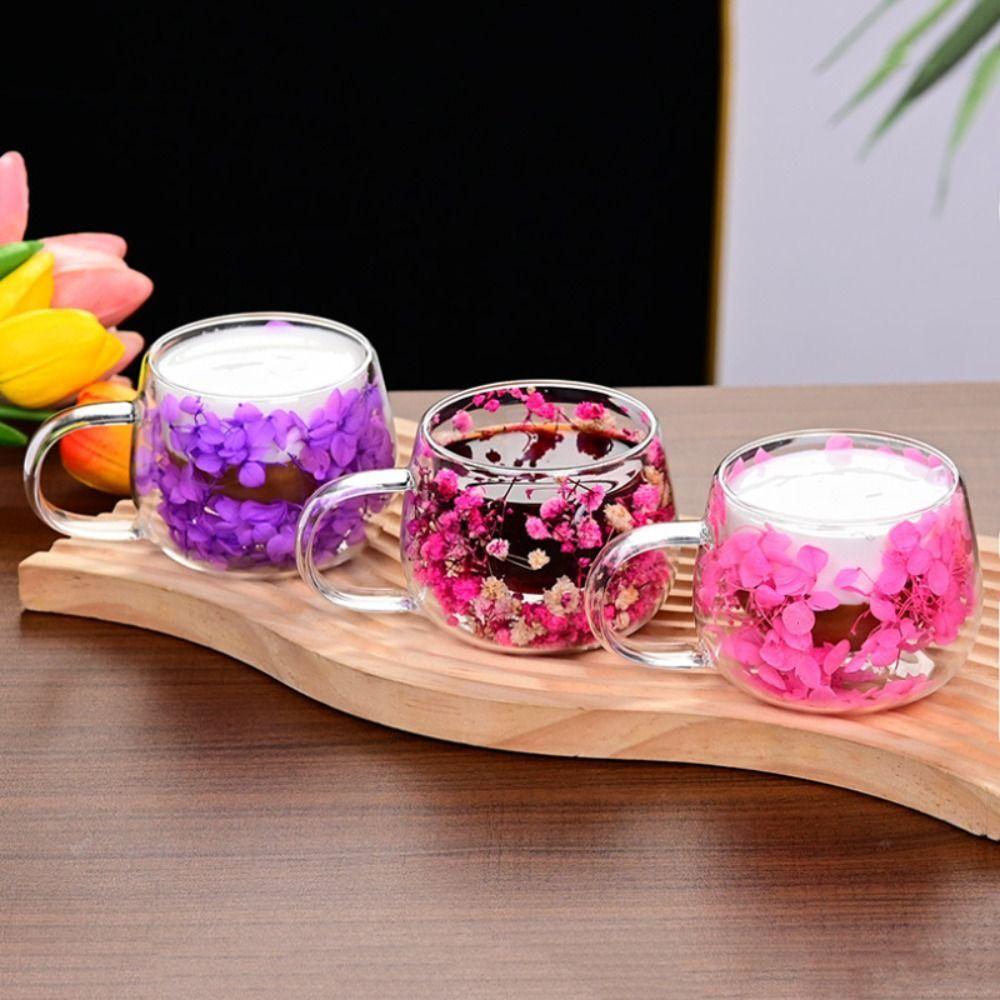 Coffee Tea Cup Dried Flower Glass Cup Milk Mug Double Insulated Double Wall Mug with Handle 150ML Clear Glass Cup Household