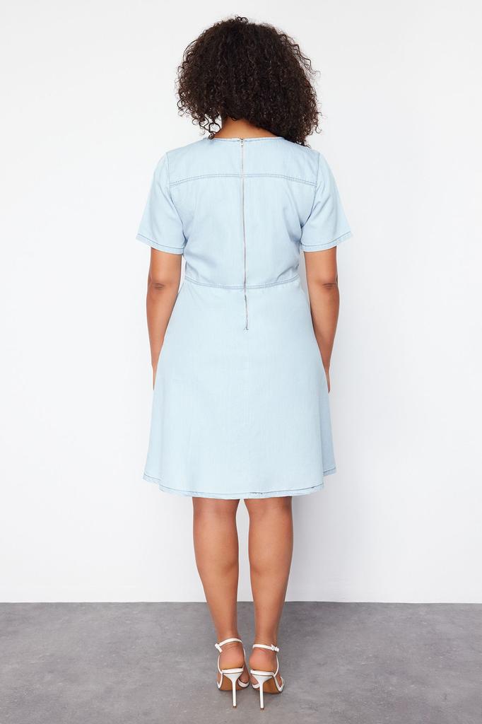 Women's Style Plus Size Light Blue V-Neck Tencel Mini Denim Dress