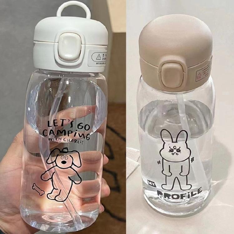 Portable Drop Resistant Hand Cup Water Bottles Clear Plastic Water Bottle with Straw Cartoon Water Cup for Gym School