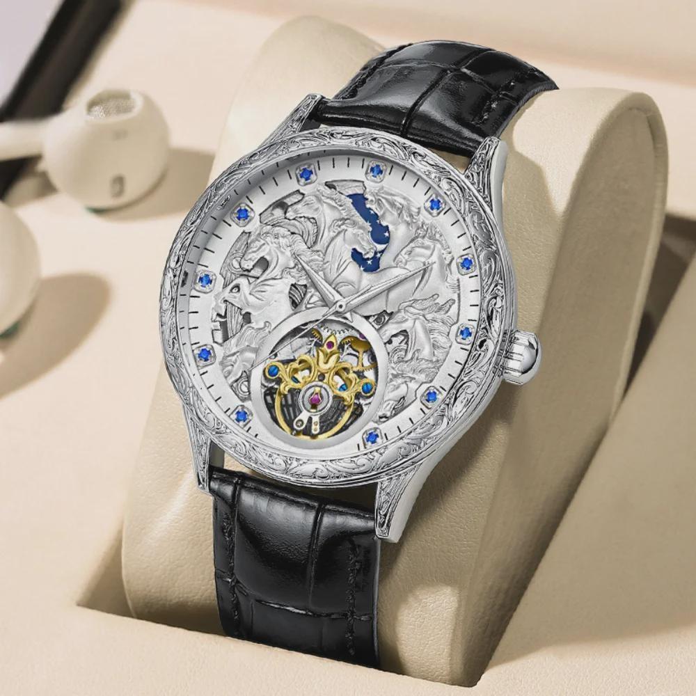 Men Fashion Design Horse Watches Leather Strap Automatic Mechanical Watches Men Luxury Tourbillon Wristwatches
