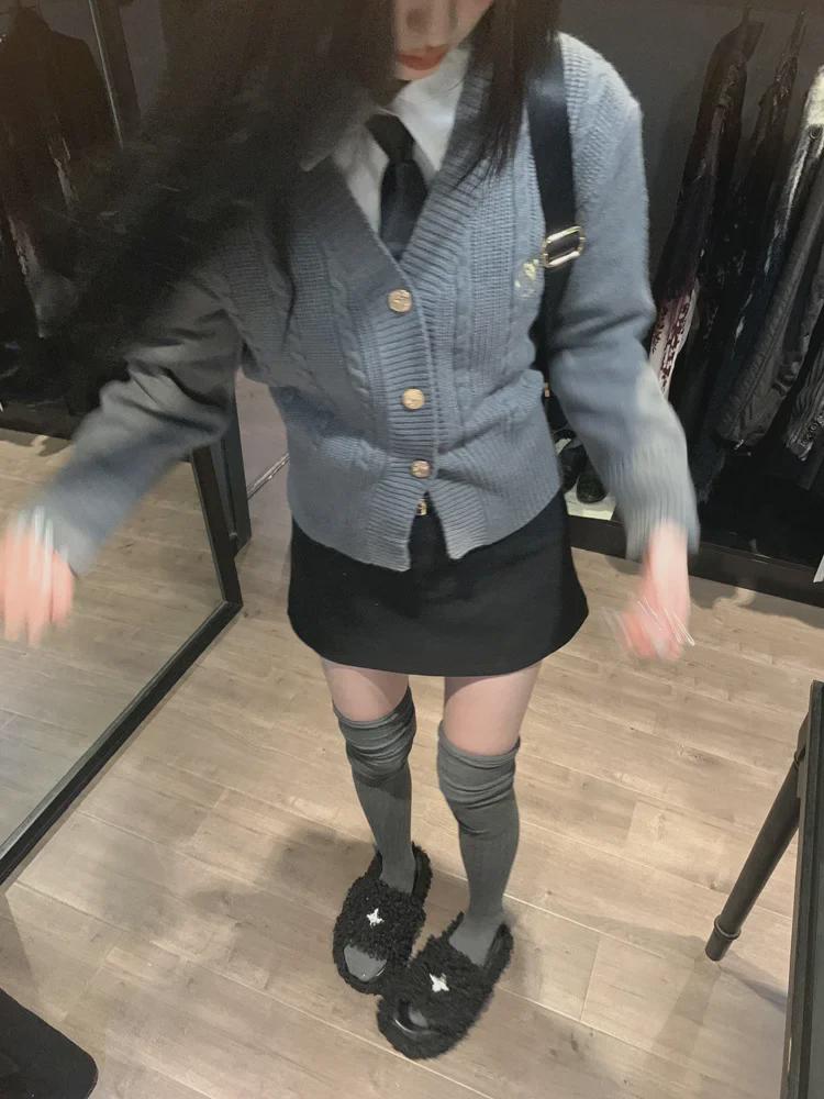 V-Neck Slim Fit Knitted College Cardigan with Long Sleeves