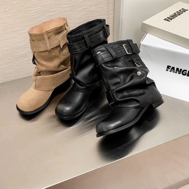 Fashion Women Western  Booties Fashion Slip on Mid Calf Booties Retro Style Thick Heel Autumn Female Shoes