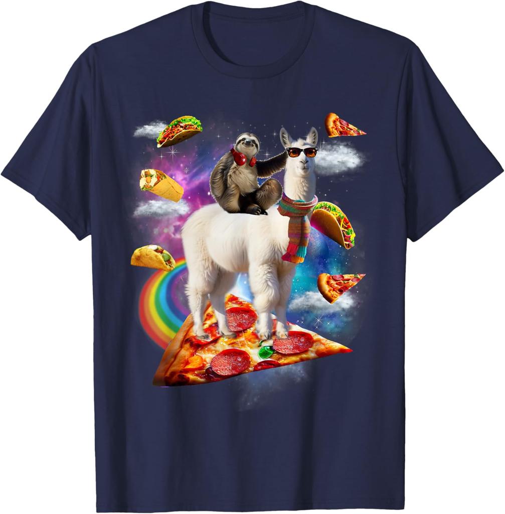 Bradipo che cavalca un lama nella Galassia della Pizza Taco Maglietta Grafica Divertente Casual Unisex Maglietta da Viaggio