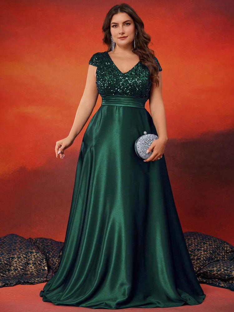 Elegant V-Neck Sequin Evening Gown - Satin A-Line Long Dress for Women