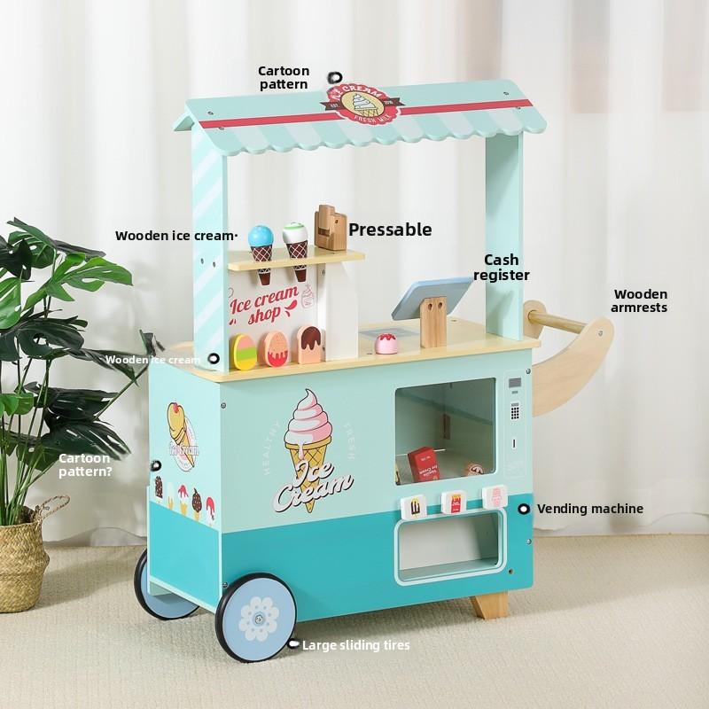 Cream Wooden Ice Cart Toy Playset With Cash Register For Kids Creative Play