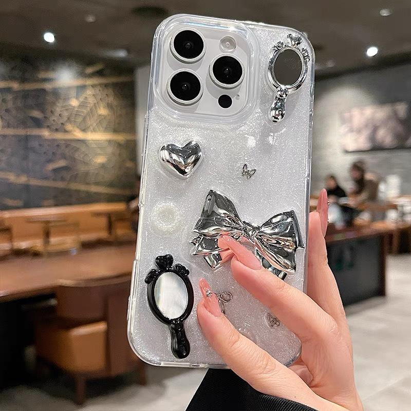 Electroplated Magic Mirror Butterfly Bow Love Phone Case for IPhone 16 Promax Drip Glue Sparkling Powder for Apple 17 Women's Edition