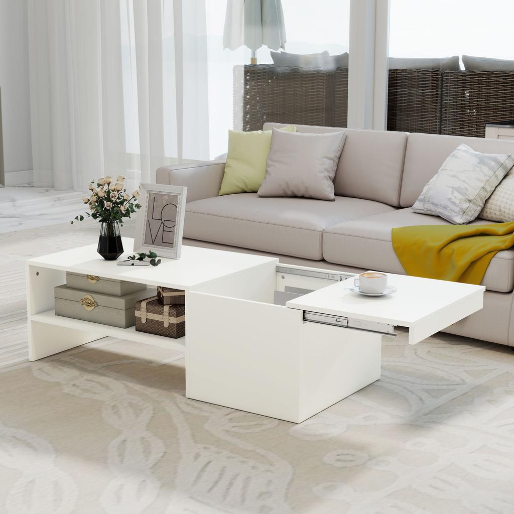 Adjustable Coffee Table, Metal Rails, Particleboard, Foot Pads, White
