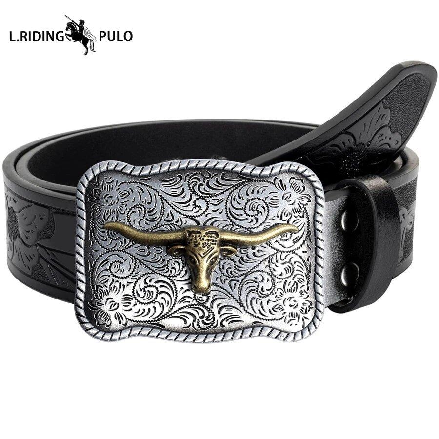 Men s Western Denim Belt, Bull Head Buckle, Retro Embossed Leather Belt, Trendy Belt 105cm