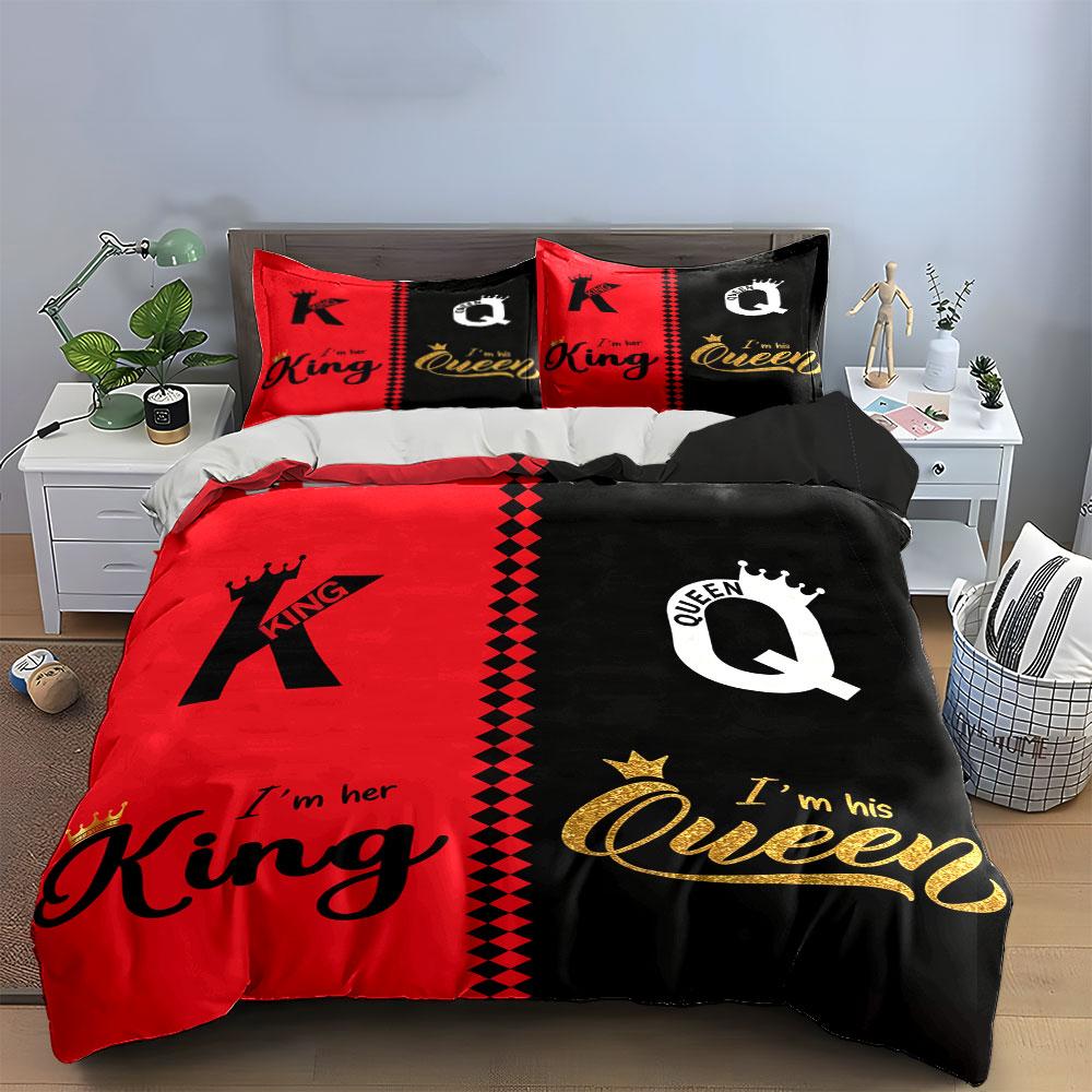 3-teiliges Königin/König Bettwäsche-Set Rot Schwarz Grau Gold Krone Bettbezug + 2 Kissenbezüge Bettwäsche-Set Für Heimdekoration Doppelbett Wäsche