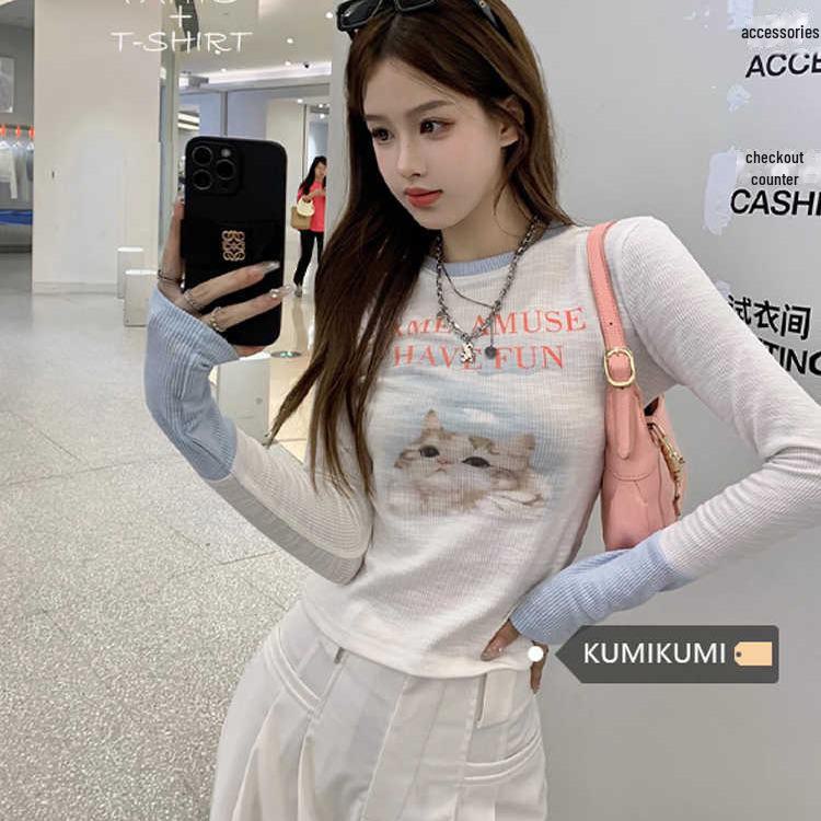 

Женский облегающий топ с длинными рукавами и принтом «Кошка» — американский стиль, длина до плеч, идеально подходит для осени/зимы XL (Recommended for 115-125 jin)