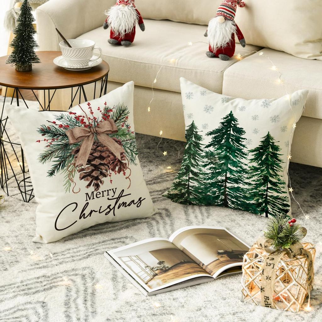 Merry Christmas Trees Reindeer Snowflake Throw Pillow Covers, Winter Holiday Cushion Case Decoration For Sofa Couch Set Of 4