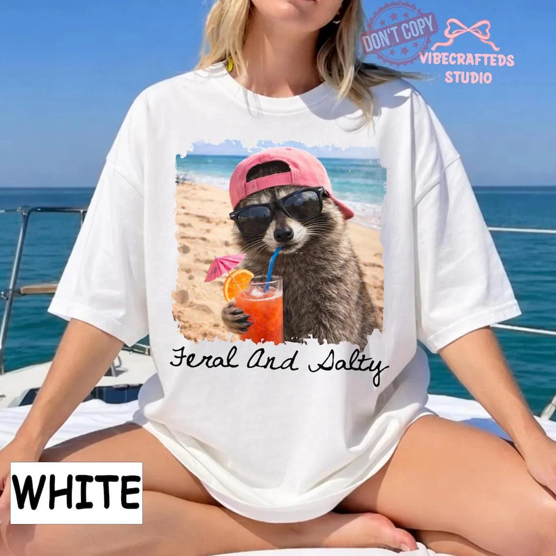 Feral And Salty T- Shirt, Funny Beach Raccoon  Shirt, Salty Summer Vacation Tee S
