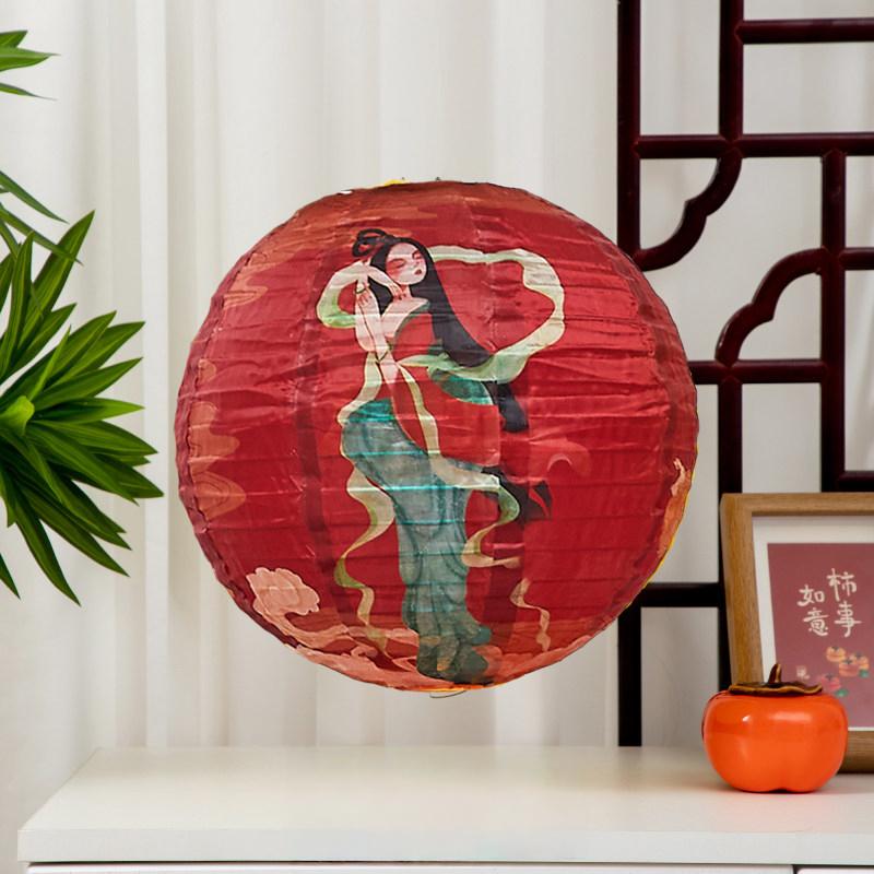 20cm Chinese Style Printed Round Lantern Waterproof Cloth Outdoor Decor Hanging Lantern For New Year Wedding Festival Decoration