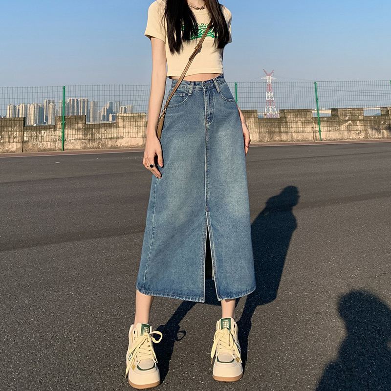 

Женская весенняя джинсовая юбка с высокой посадкой, боковым разрезом, А-силуэта, для фигуры типа «груша», миниатюрная XL