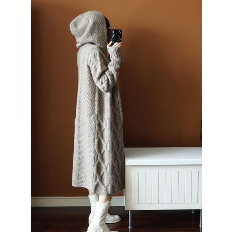 Autumn Winter Loose Knitted Women Hooded Long Sweater Coats Casual Korean Fashion Solid Color Elegant Jacket Twist Thick Cardigan Sweaters Clothing