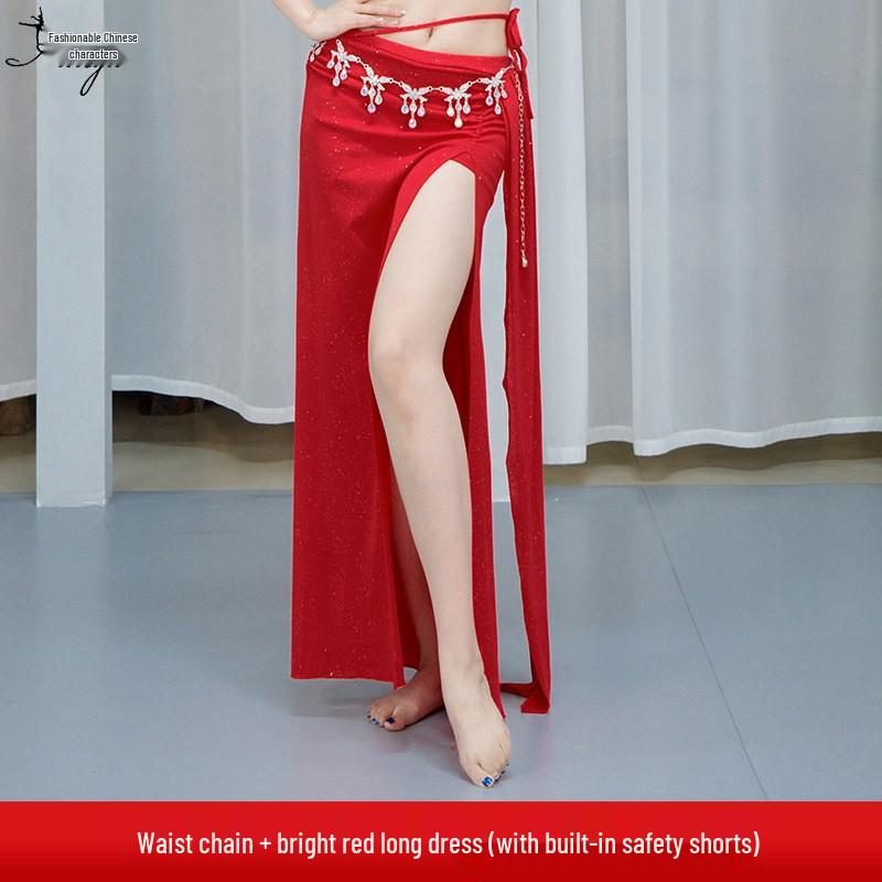 Huayu Feenstil Bauchtanz Übungsset: Geschlitzter langer Rock & Oberteil für orientalische Aufführung.