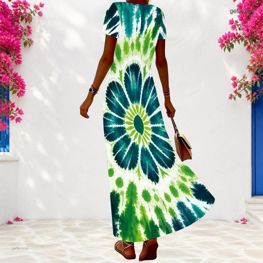 Women Plus Size V Neck Short Sleeve Dark Green Clover Printed Long Dress