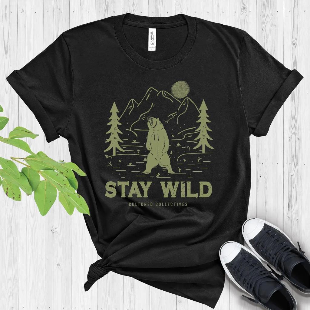 Stay Wild Bear T Shirt Camping Hiking Adventure Vintage Versatile Comfortable Breathable Stylish Fashion Casual Soft