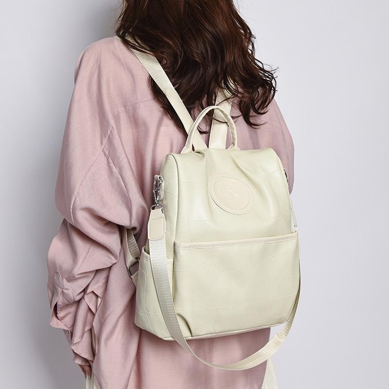 Soft Leather Women Backpack Geometric Pattern Patchwork Backpack Large Capacity Women's Travel Bag