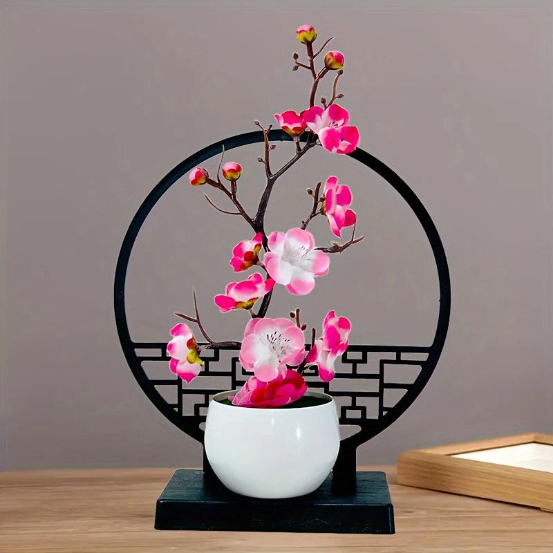 1 Set, Chinese Artificial Plum Blossom Potted Plant, Plastic Fake Bonsai Flower, Indoor and Outdoor Simulation Plant, Includes