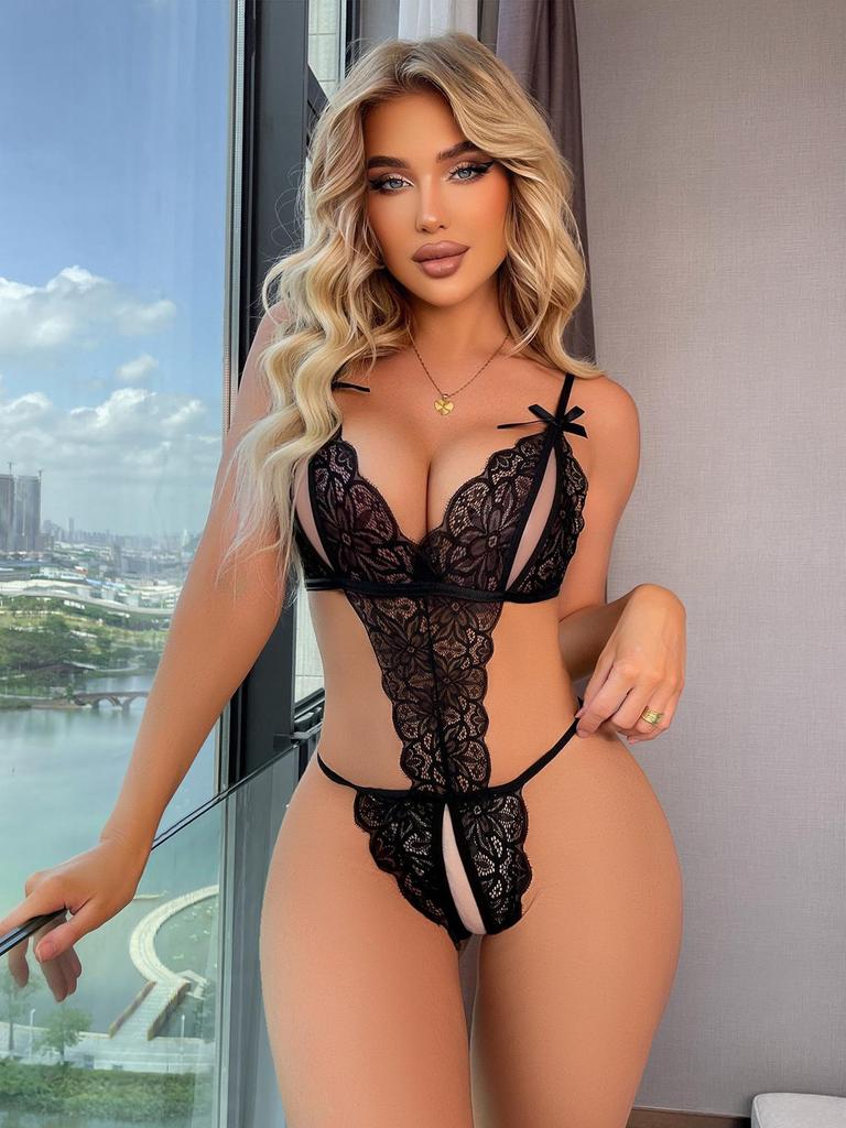 Plus Size Lace Lingerie Set: Sheer Open-Crotch, Nipple Exposure Bodysuit