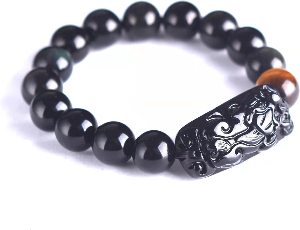 Black Obsidian Wealth Bracelet, Feng Shui Pixiu & Tiger Eye Stone, Unisex Design